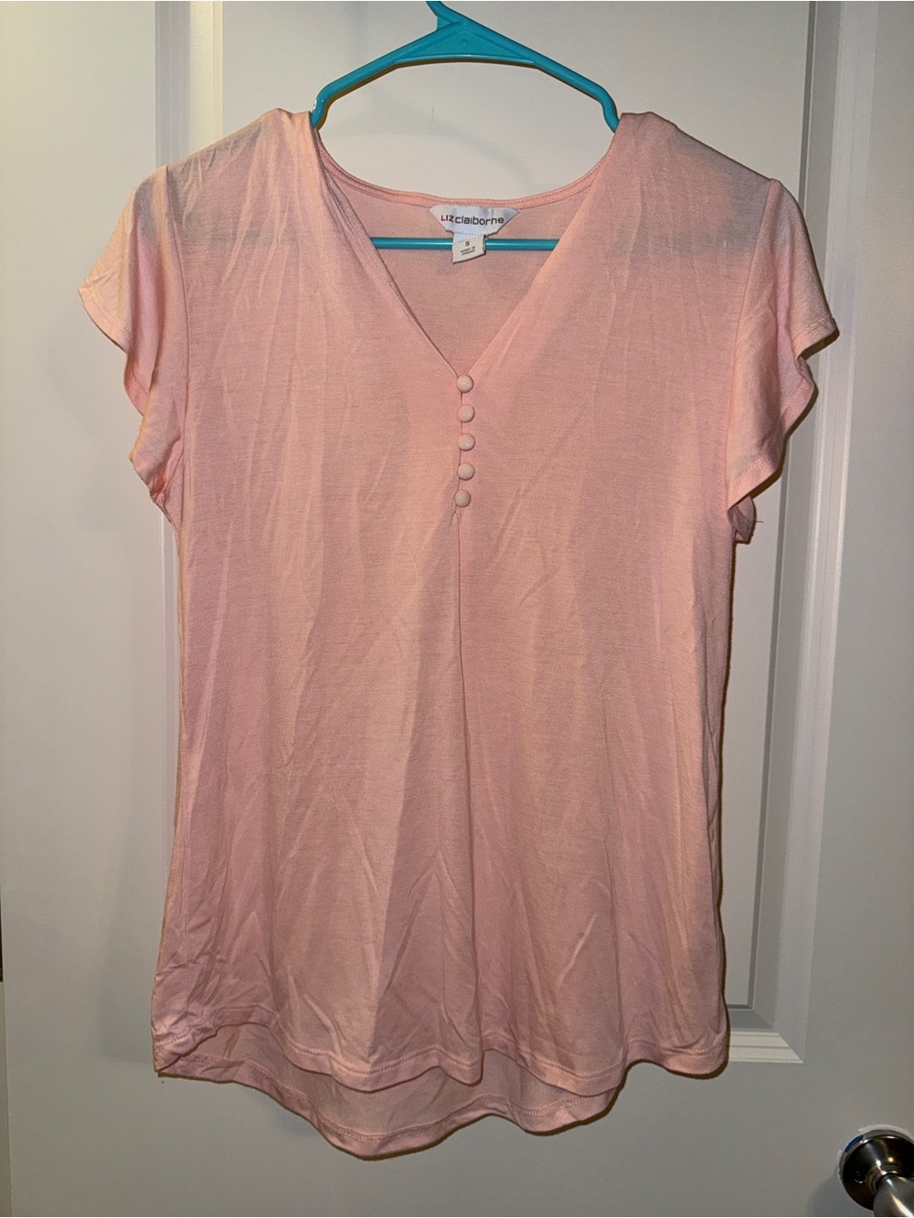 Liz Claiborne Blush Pink V-Neck Short Sleeve Tee with Button Detail